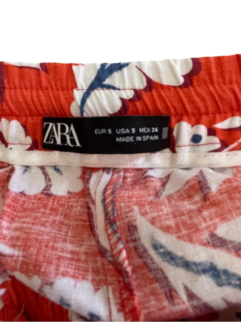 Zara Linen Blend Floral Drawstring Pants Wide Leg Orange White Size Small